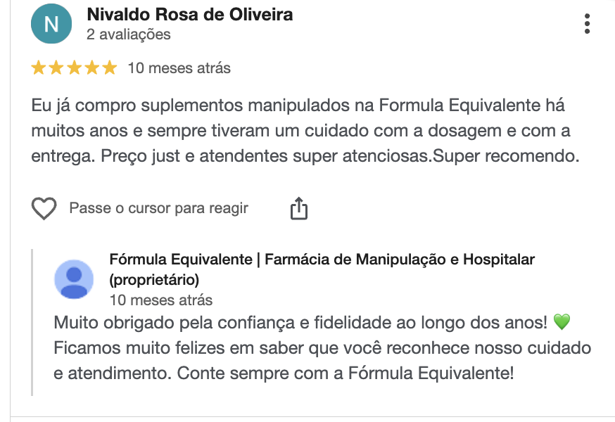 Avaliação no Google de Nivaldo Rosa de Oliveira sobre a Fórmula Equivalente