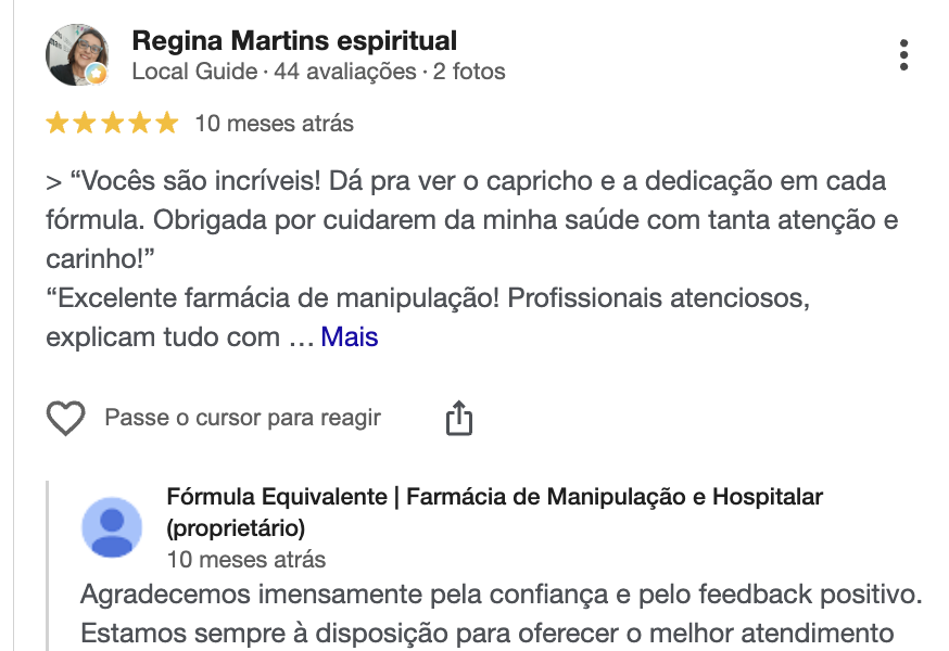 Avaliação no Google de Regina Martins sobre a Fórmula Equivalente