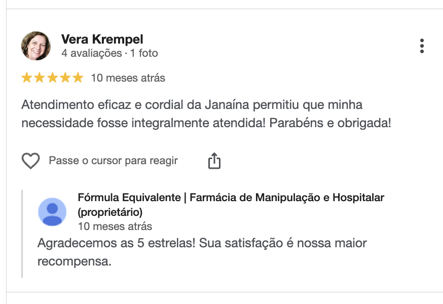 Avaliação no Google de Vera Krempel sobre o atendimento da Fórmula Equivalente