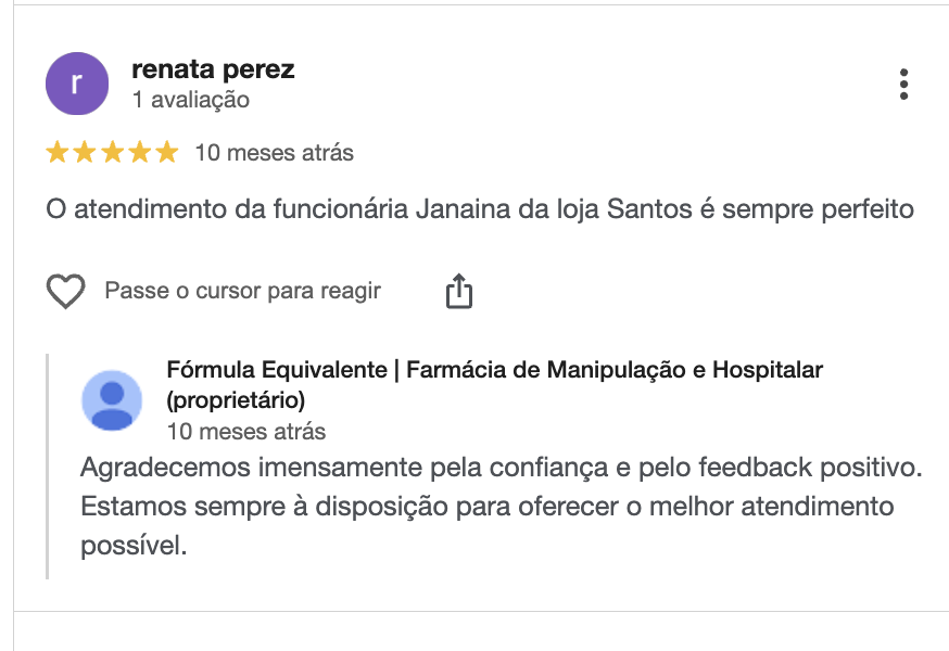 Avaliação no Google de Renata Perez sobre a loja de Santos