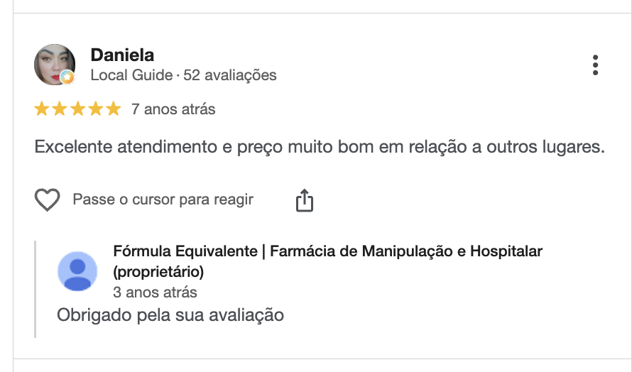 Avaliação no Google de Daniela sobre atendimento e preço